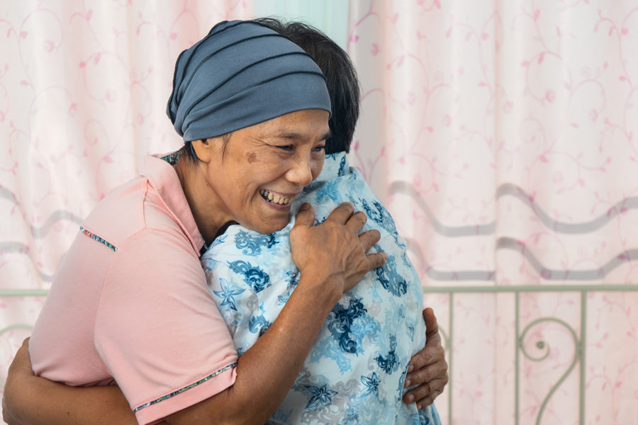 Asian Female Cancer Patient With Headscraf Look Happy Have A Hug