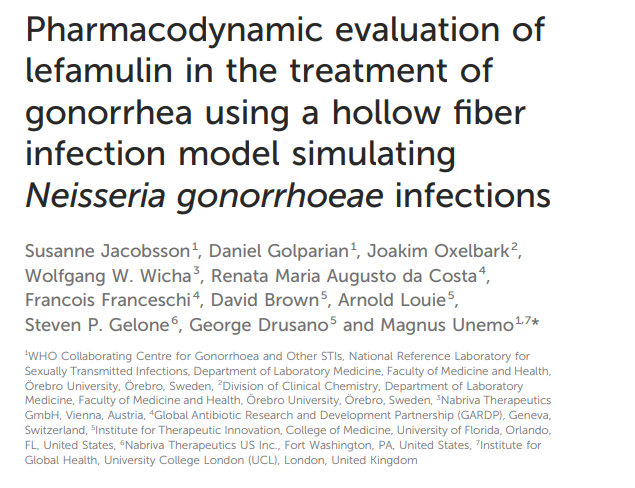 Pharmacodynamic evaluation of lefamulin in the treatment of gonorrhea using a hollow fiber infection model simulating Neisseria gonorrhoeae infections