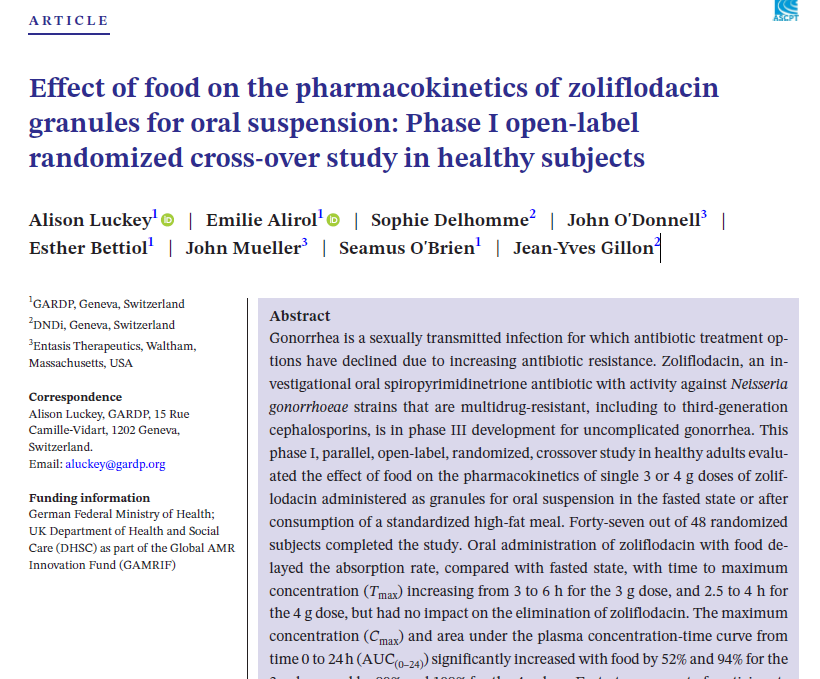 Effect of food on the pharmacokinetics of zoliflodacin granules for oral suspension: Phase I open-label randomized cross-over study in healthy subjects