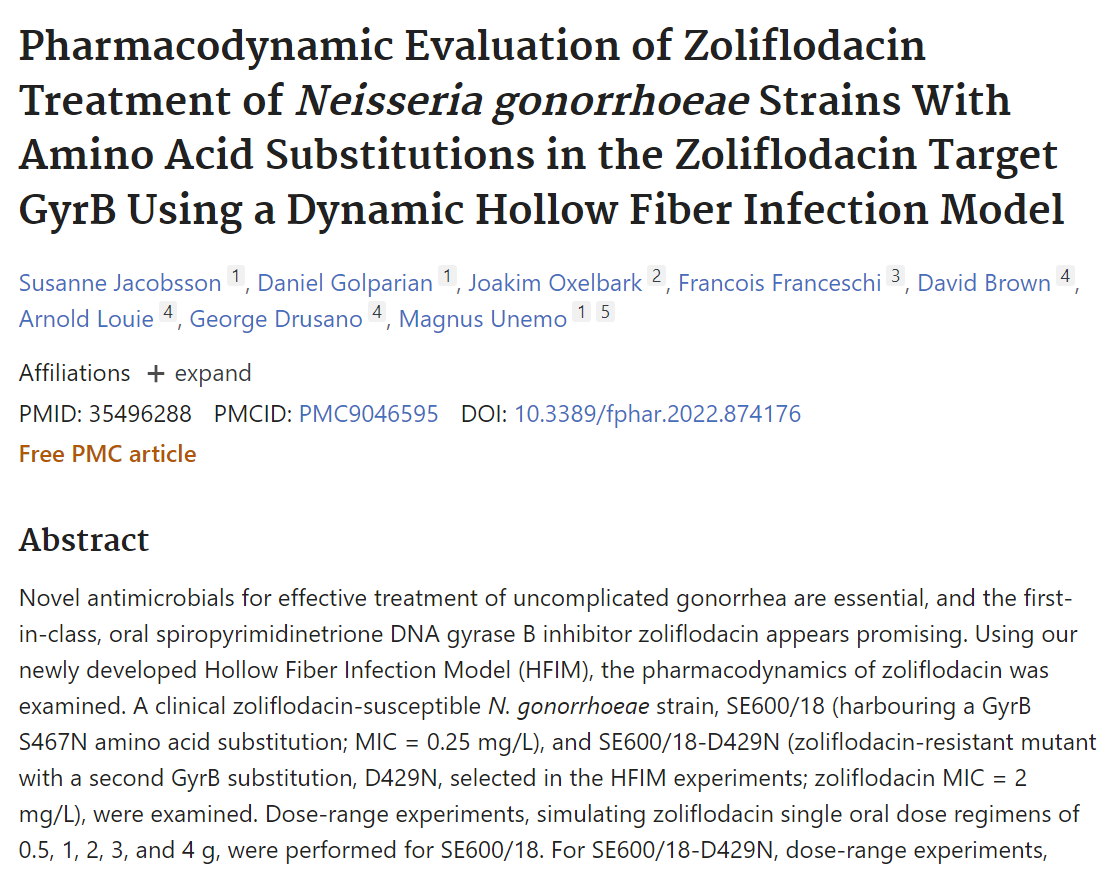 Pharmacodynamic Evaluation of Zoliflodacin Treatment of Neisseria gonorrhoeae Strains With Amino Acid Substitutions in the Zoliflodacin Target GyrB Using a Dynamic Hollow Fiber Infection Model