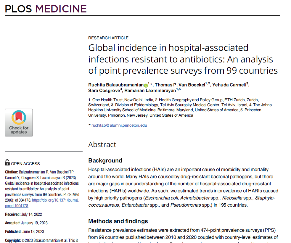 Global incidence in hospital-associated infections resistant to antibiotics: An analysis of point prevalence surveys from 99 countries