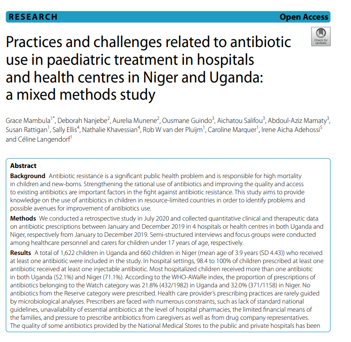 Practices and challenges related to antibiotic use in paediatric treatment in hospitals and health centres in Niger and Uganda: a mixed methods study