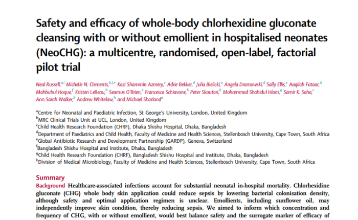 Safety and efficacy of whole-body chlorhexidine gluconate cleansing with or without emollient in hospitalised neonates (NeoCHG): a multicentre, randomised, open-label, factorial pilot trial